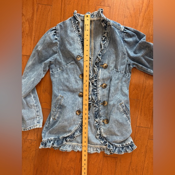 NWOT SHEIN Blue Denim Jacket with Ruffle Trim - Picture 4 of 5